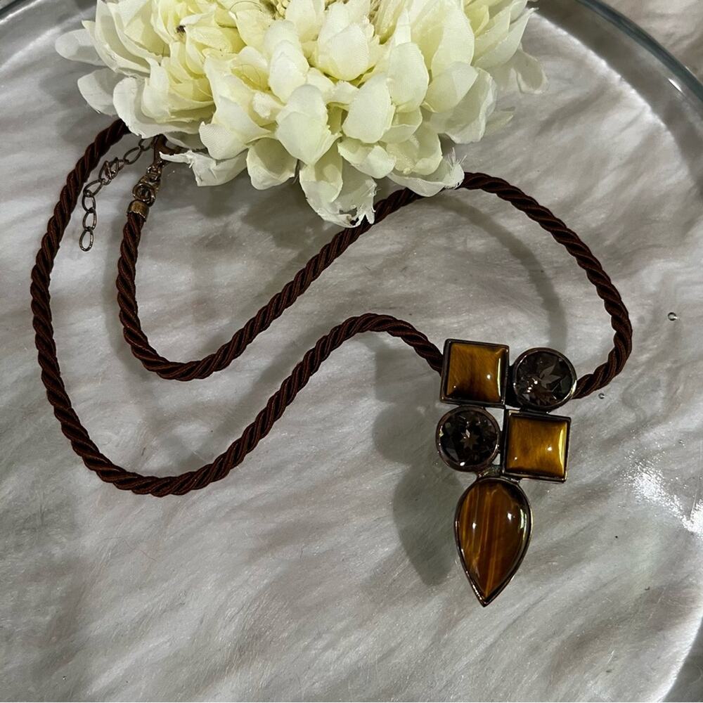 NEW Palm Beach Jewelry Tiger Eye Smoky Topaz Sterling Geometric Pendant Necklace